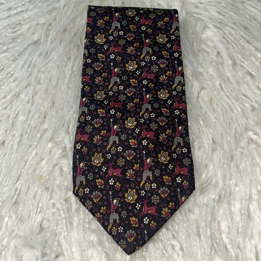 LANCEL PARIS 100% Silk Tie Floral Hunting Deer Print Burgundy Gray Mustard Black